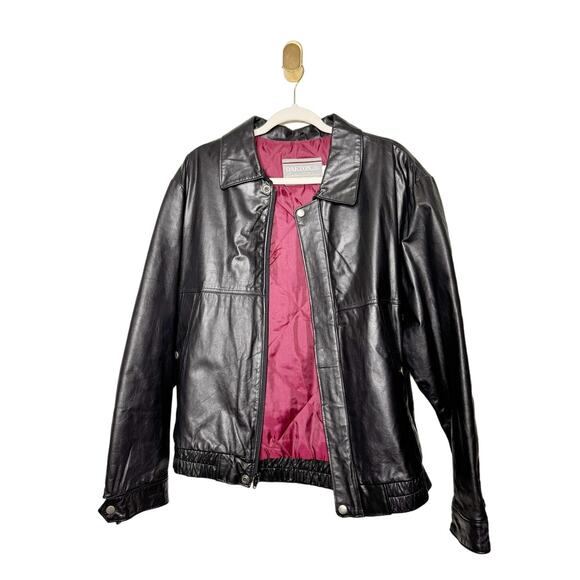 Oakton Ltd. Black Leather Bomber Jacket Vintage Large - Picture 1 of 5